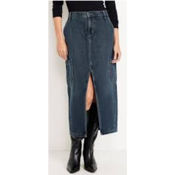 Old Navy Women 16 Medium Wash Denim "Drapey" Mid Rise Cargo Denim Maxi Skirt - Picture 1 of 7